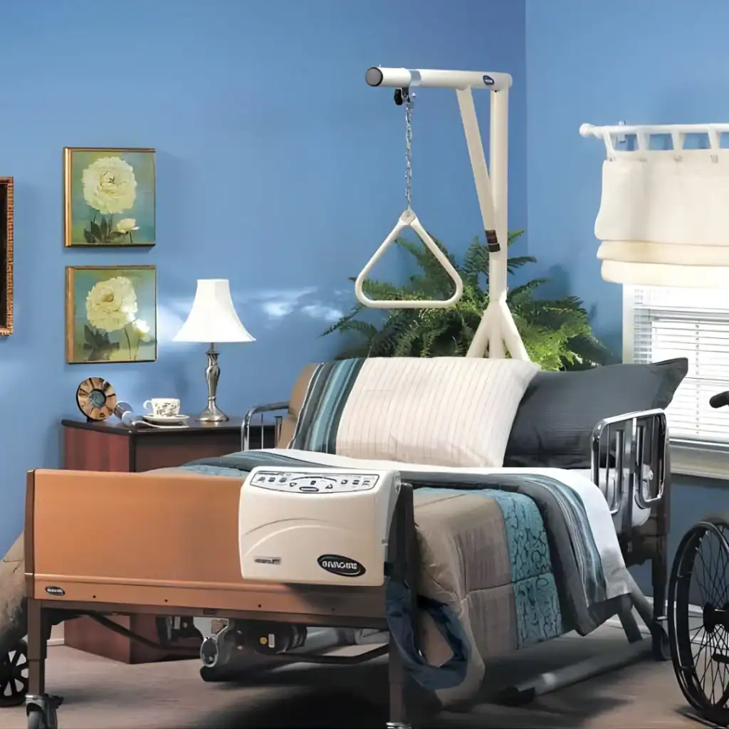 Hospital bed in a bedroom with blue walls and a trapeze bar.