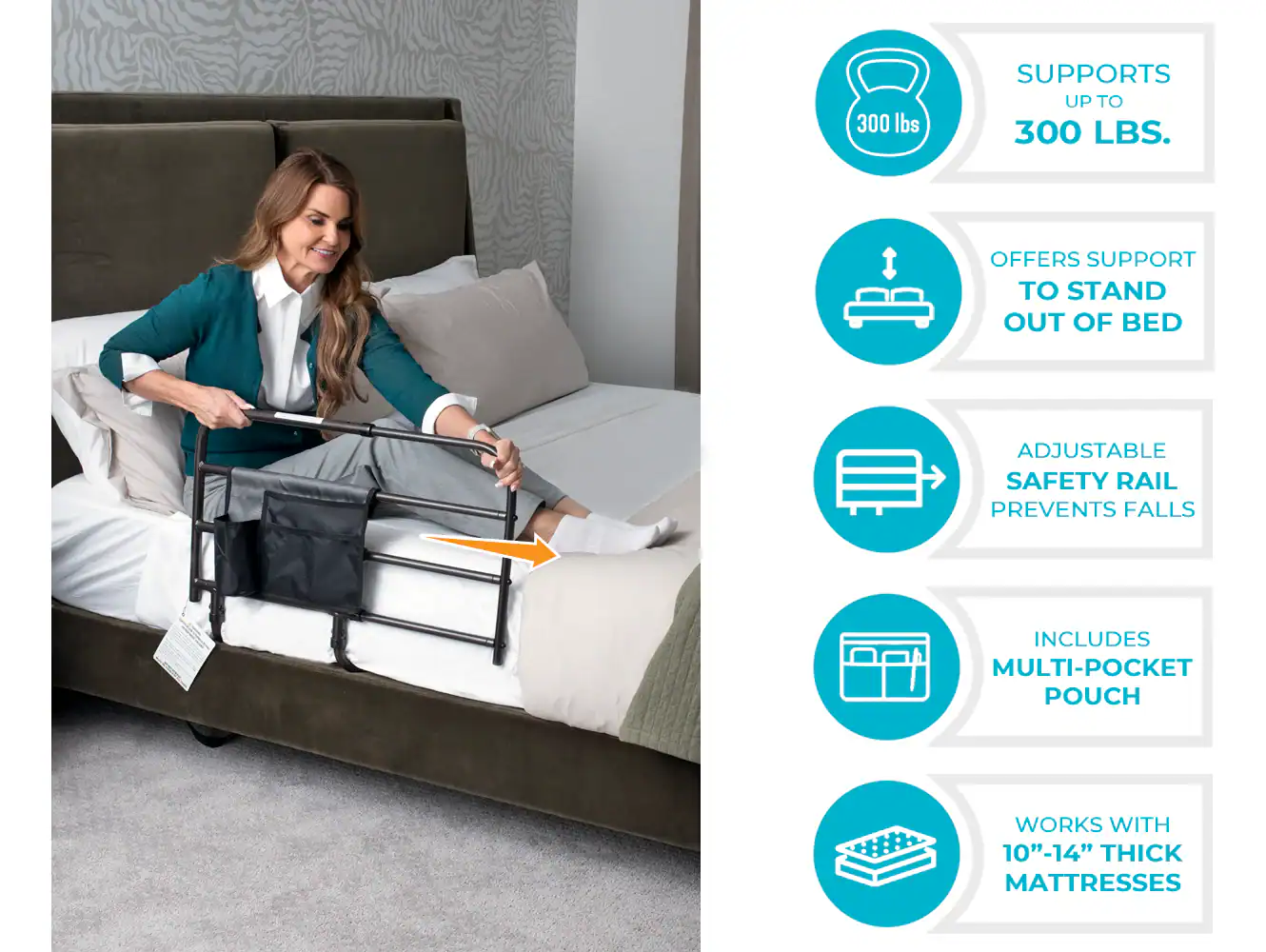 Stander EZ Adjust Bed Rail supporting up to 300 lbs for safety and stability.