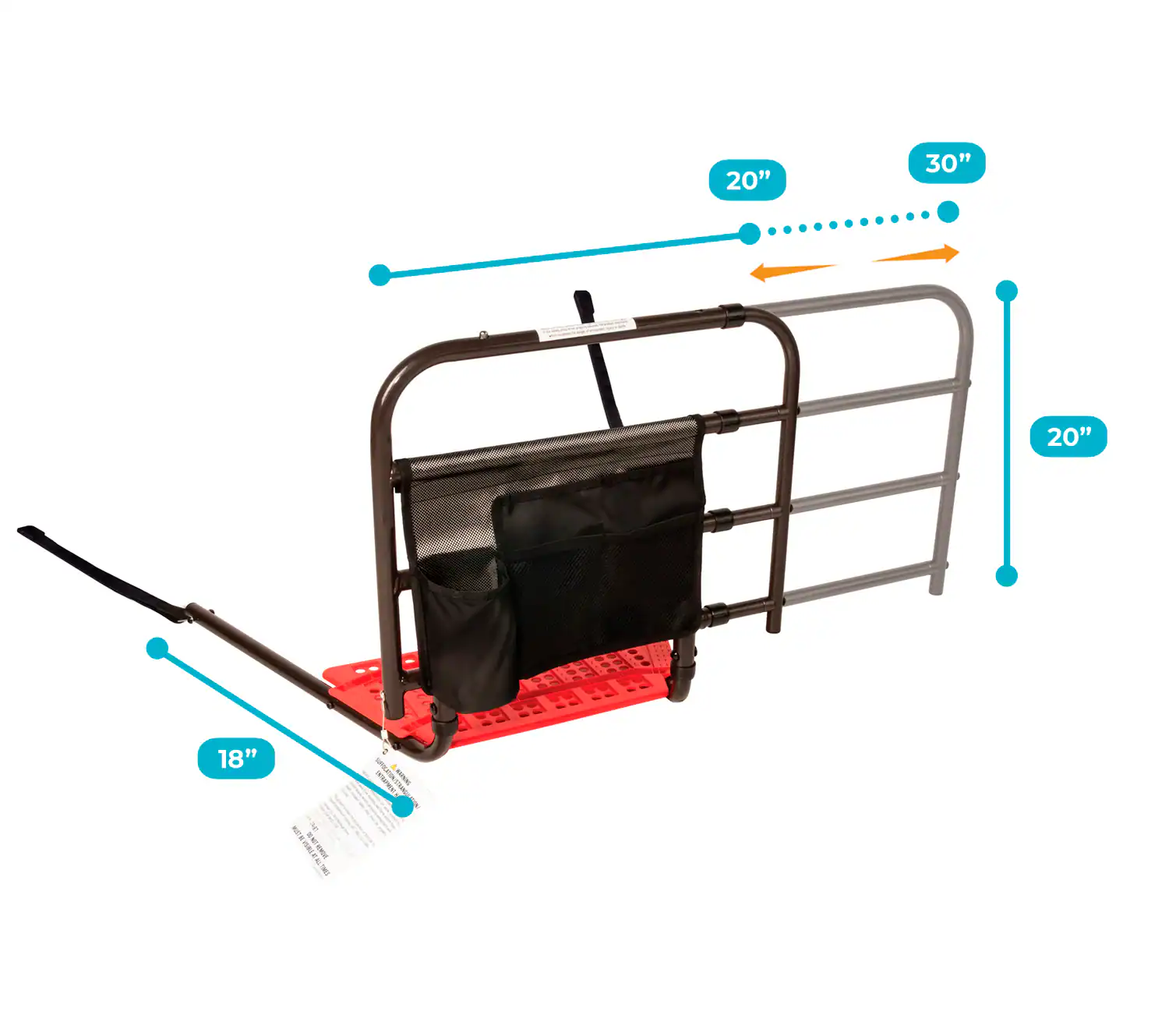 Adjustable bed rail with safety features for elderly and disabled.