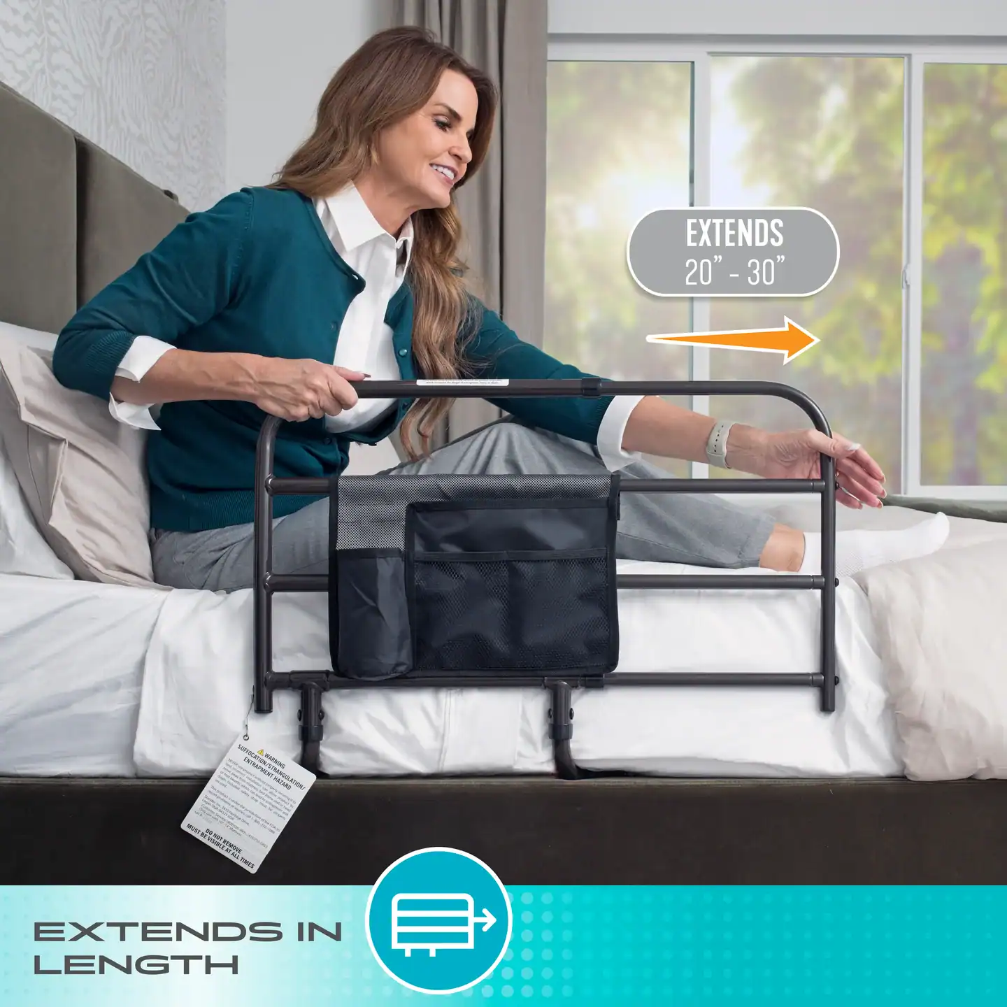 Adjustable bed rail for safety and support in bedroom.