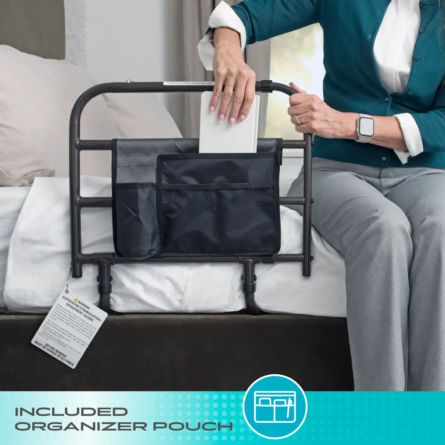 Bed rail organizer with tissue holder and storage pouches for medical beds.