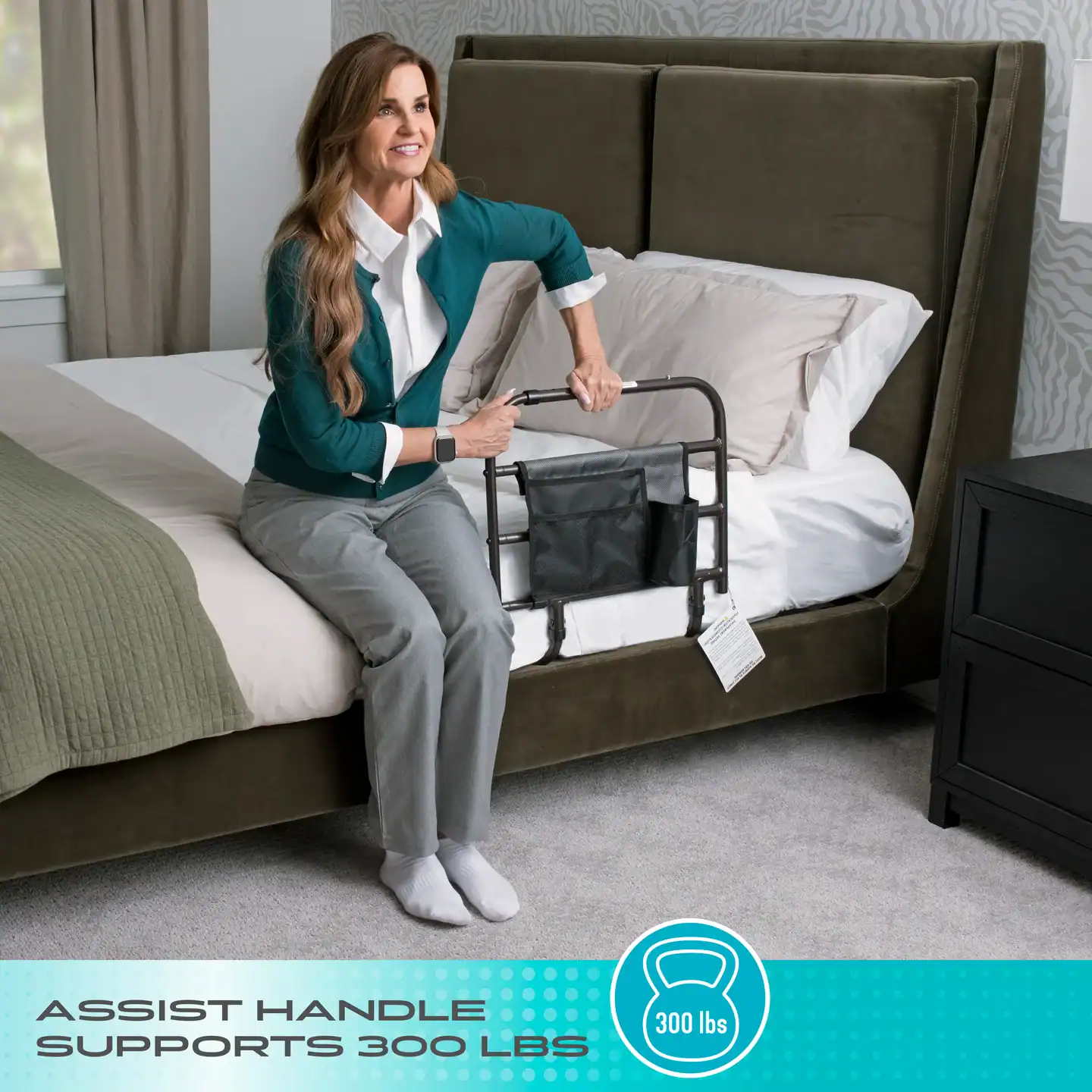 Woman using Living Well EZ Adjust Bed Rail for support in bedroom.