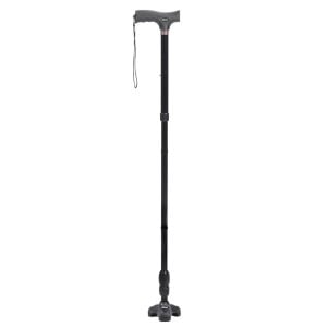 Adjustable walking cane with ergonomic handle and wrist strap for support.
