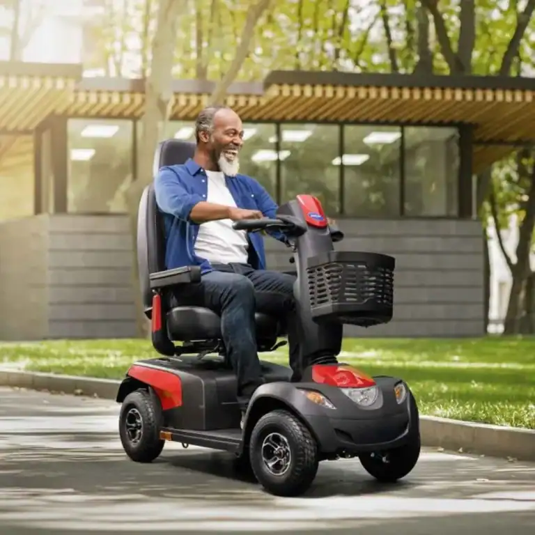 Man riding a four wheel electric scooter