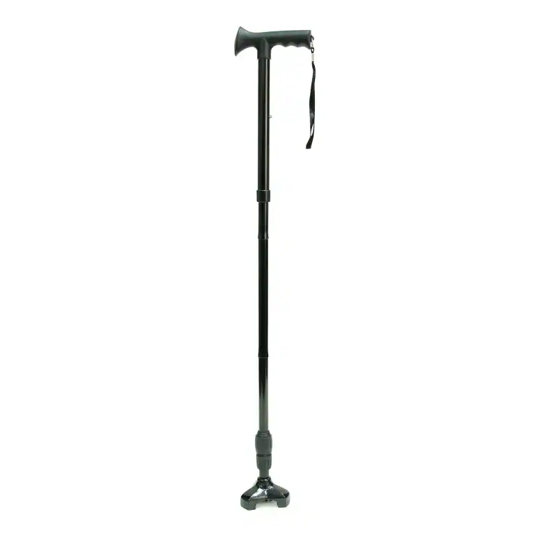 Walking cane with adjustable height and ergonomic handle for mobility support.
