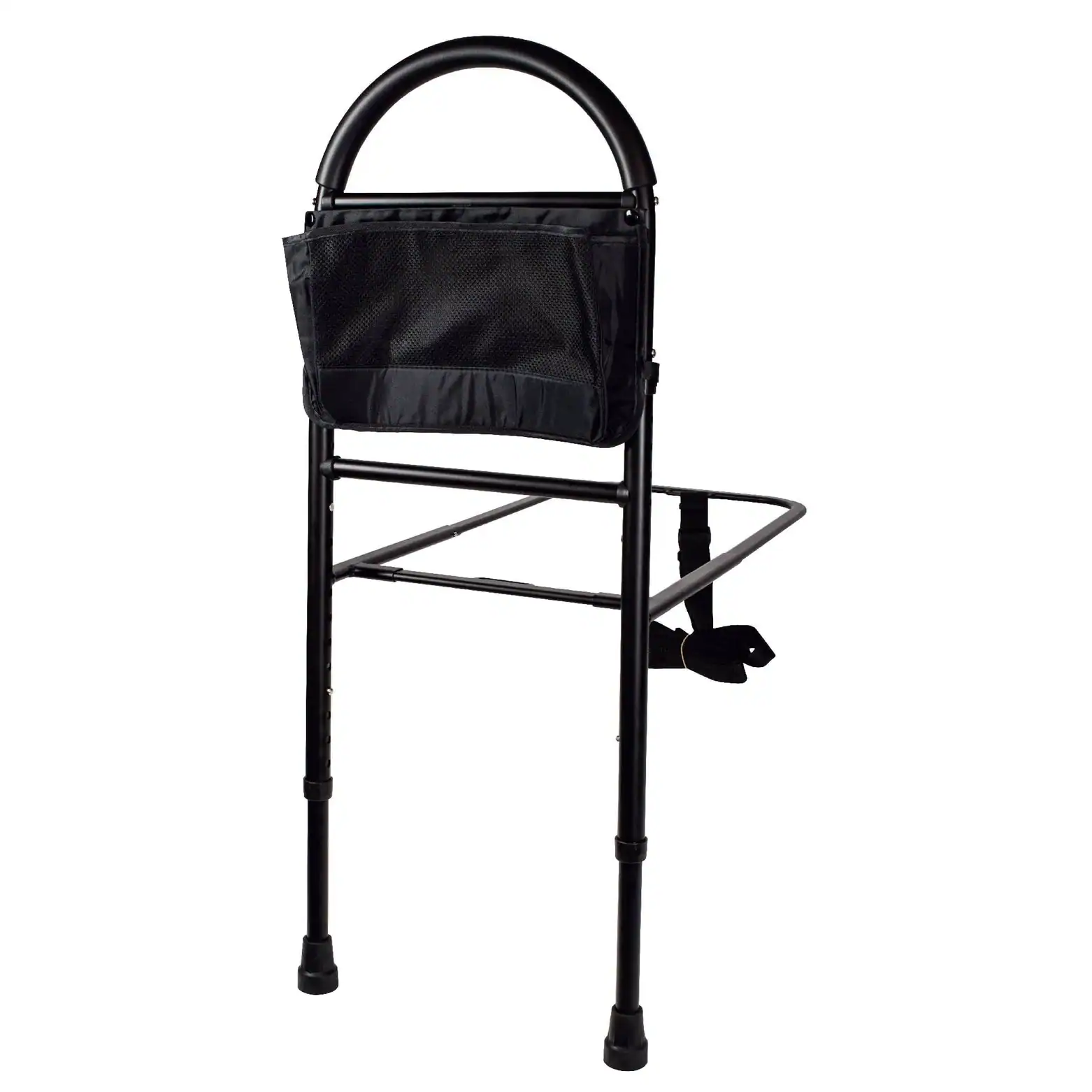 Bedside rail for elderly care with black frame and fabric pouch.