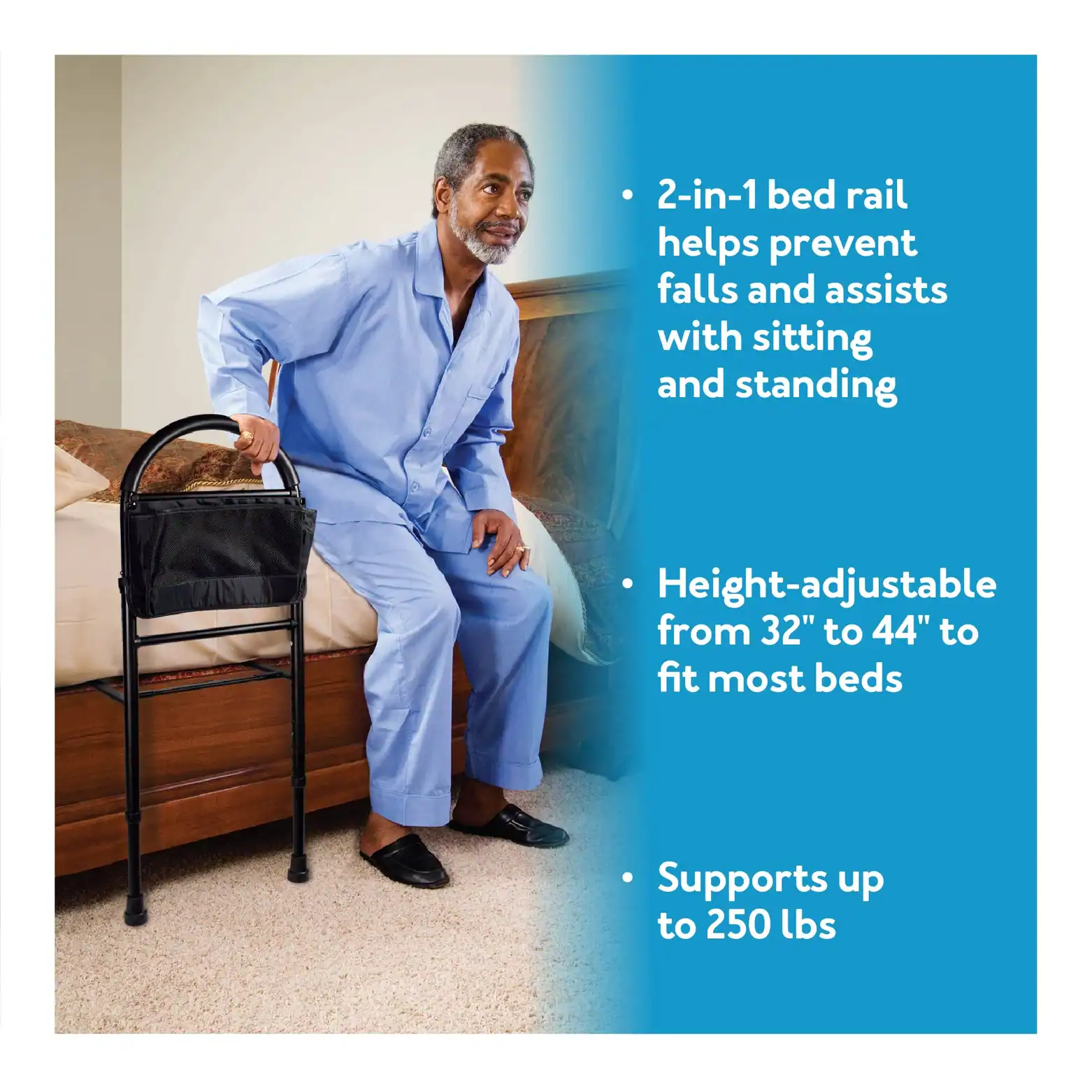 2-in-1 bed rail helps prevent falls and supports sitting and standing.