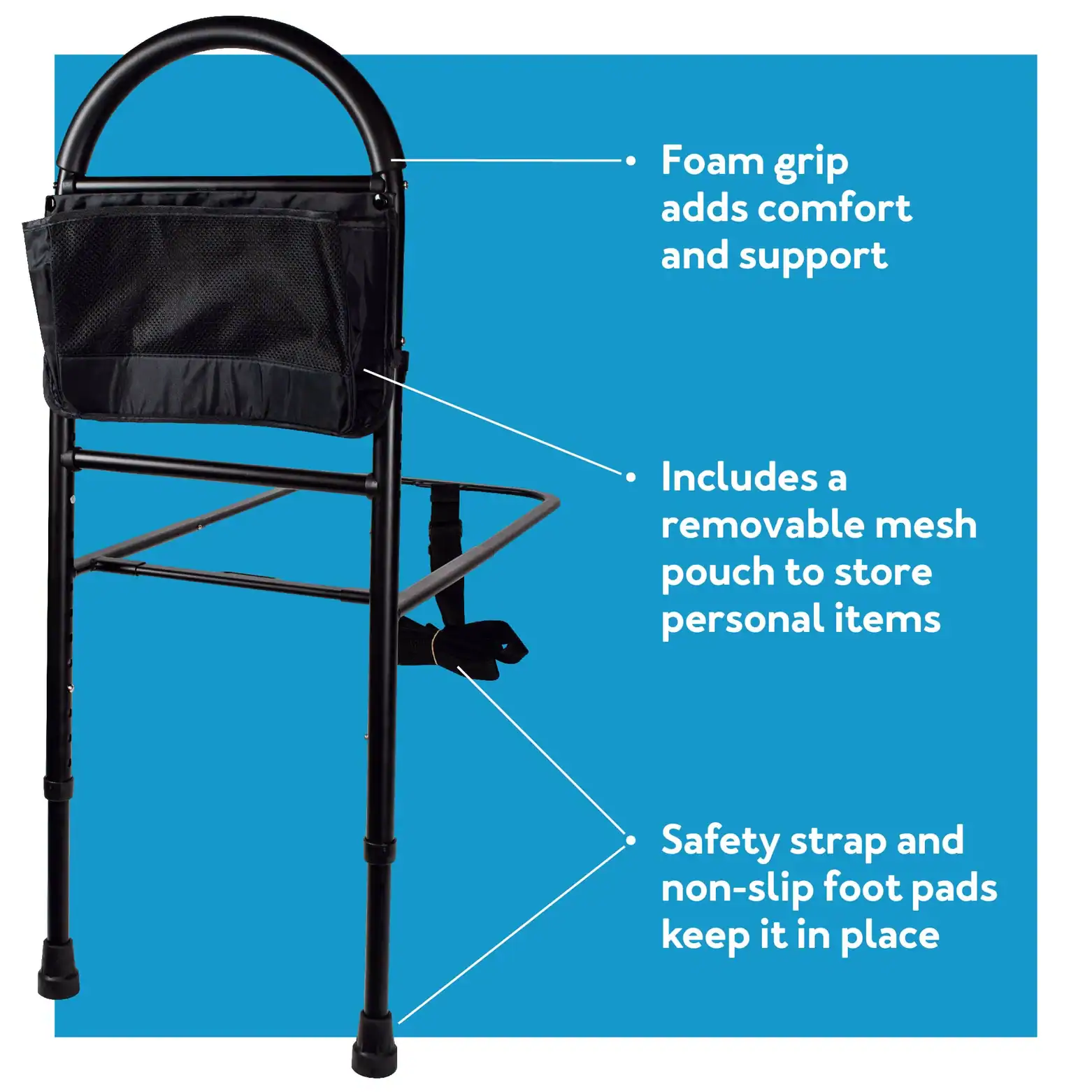 Bedside rail with foam grip, removable pouch, and safety straps for support.