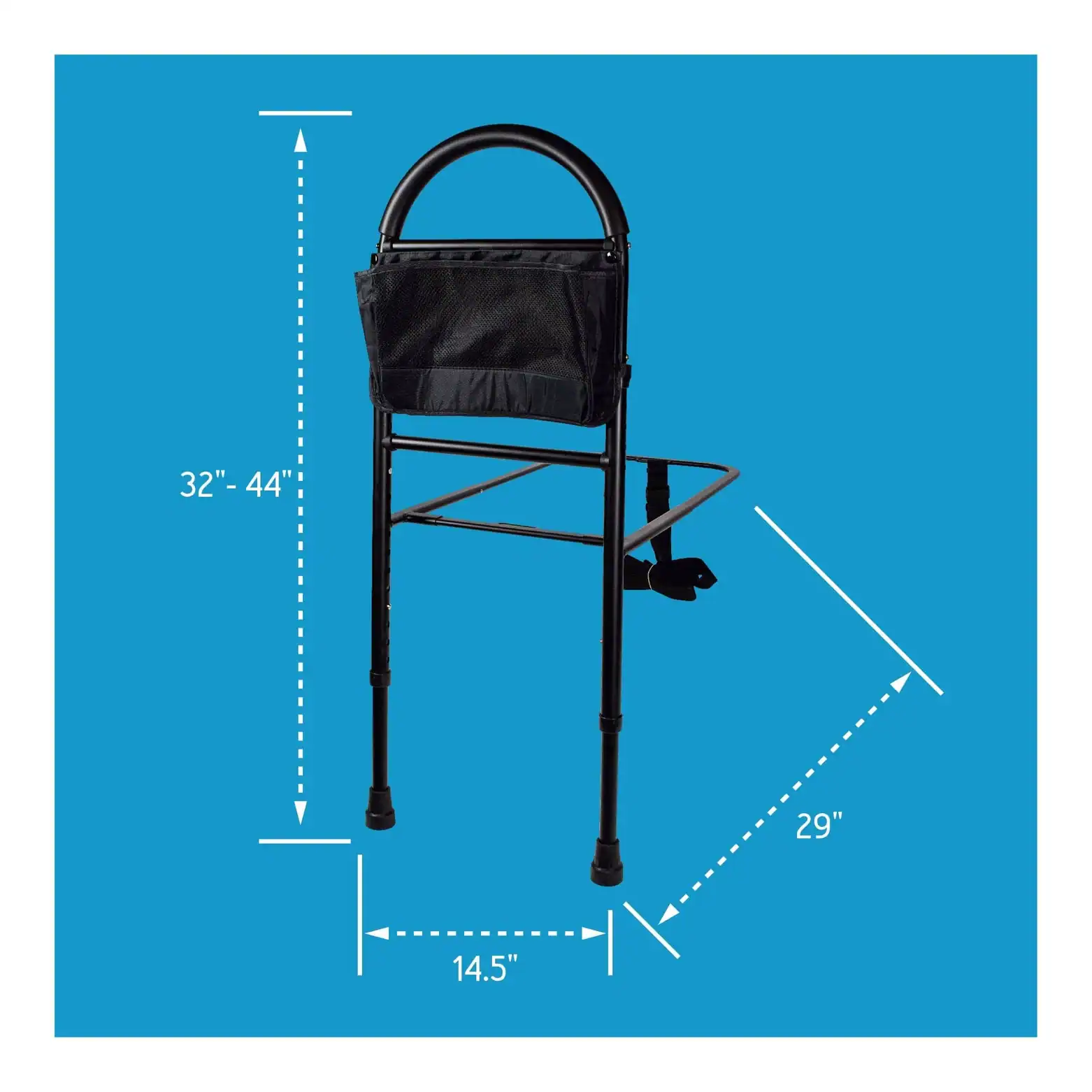 Bedside rail with adjustable height and side support for safety.