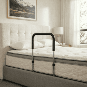 Bed assist rail for added safety and support in bedroom.