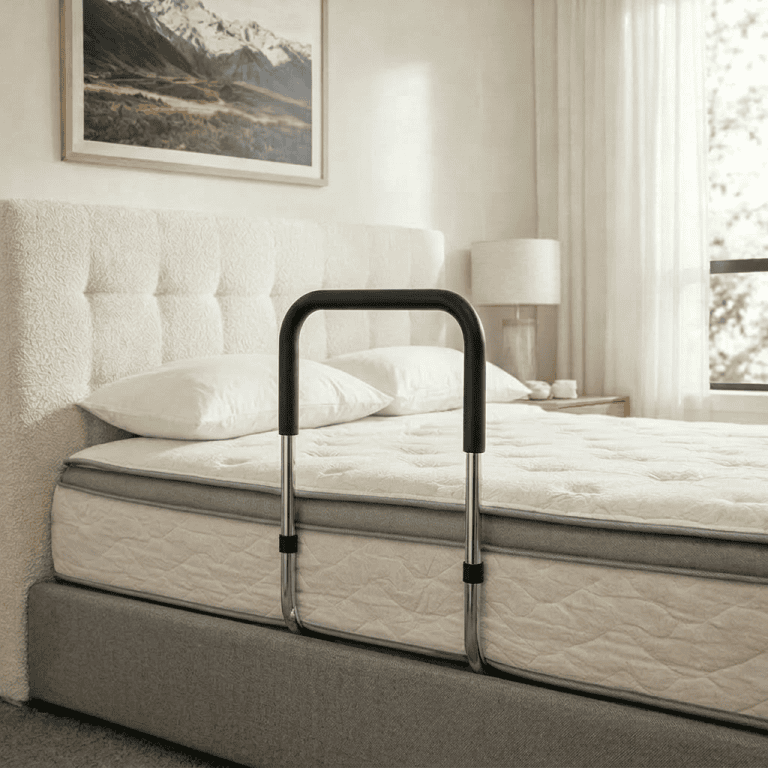 Bed assist rail for added safety and support in bedroom.